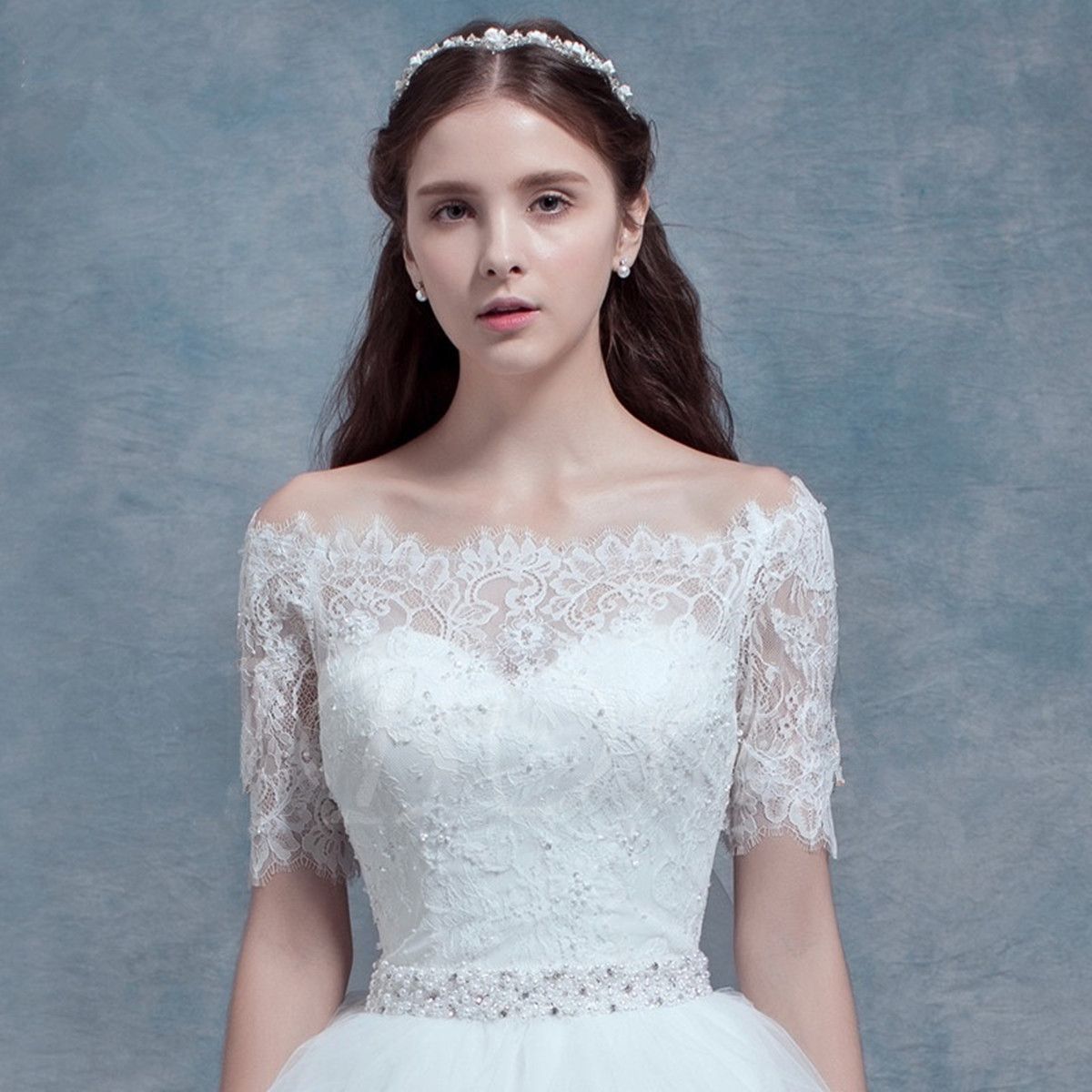 off-The-Shoulder Short Sleeves High-Low Asymmetry Wedding Dress (Dream-100082)